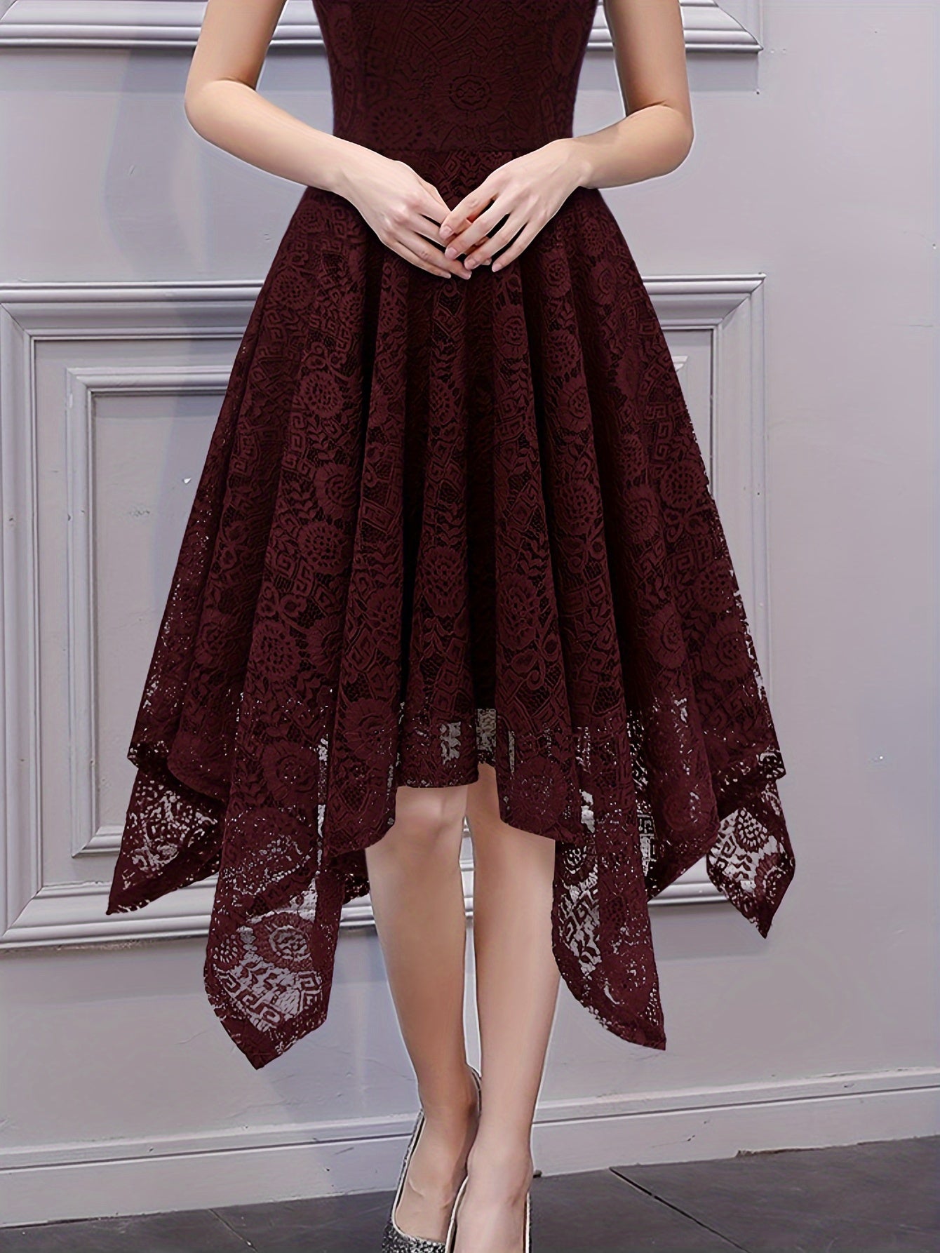 Solid Lace Asymmetrical Ruffle Hem Dress, Elegant Crew Neck Aline Dress For Wedding Party, Women's Clothing