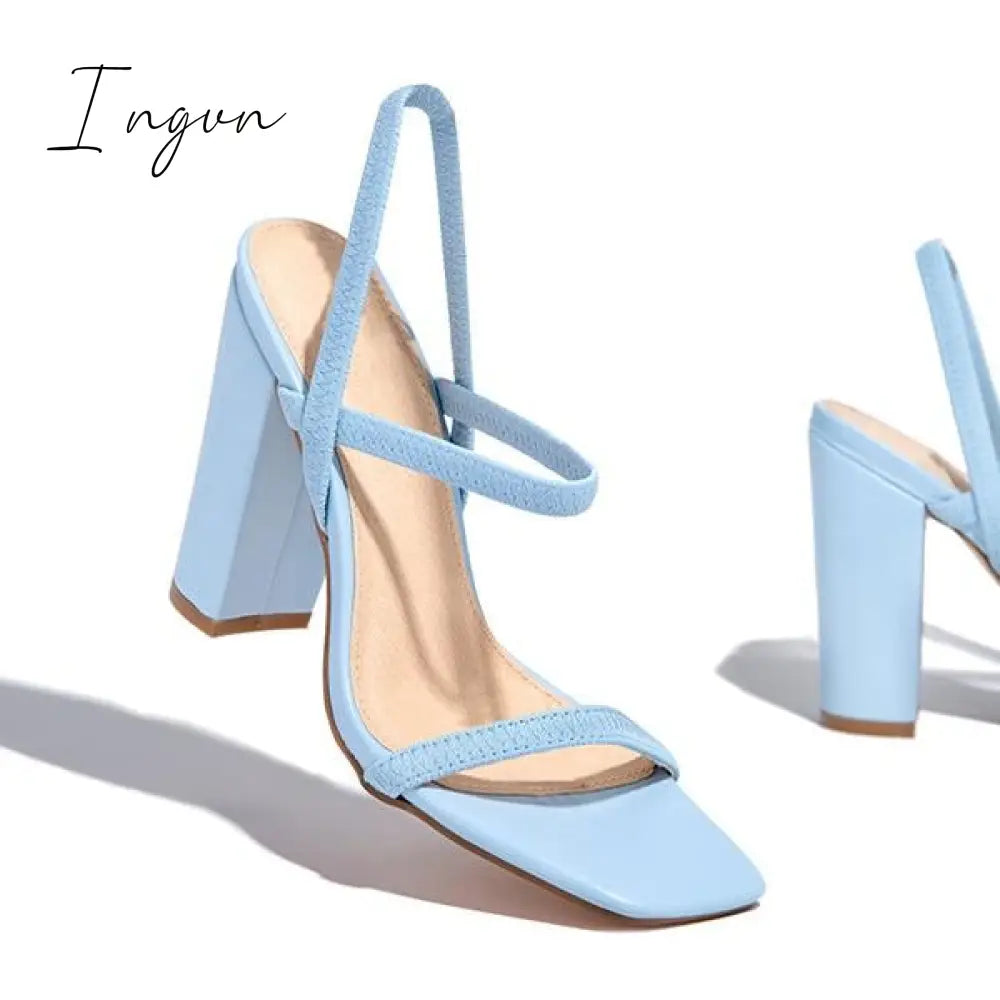 Ingvn - Elastic Straps Squared Toe Chunky Heels