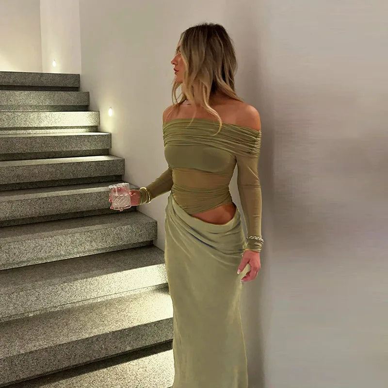 Mesh Patchwork Dress Women Sexy Backless Hollow Out Long Dress 2025 Summer Trend Skinny Stretch Elegant Clubwear Maxi Dresses