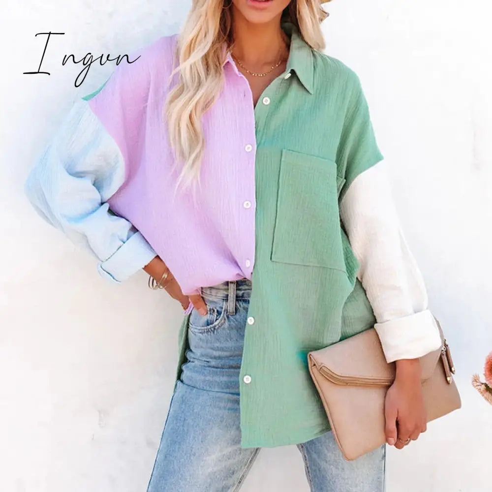 Ingvn - New Spring Summer Fashion Women New Patchwork Shirt Elegant Commute Contrast Lapel Buttons Cardigan Streetwear Ladies Casual Blouses