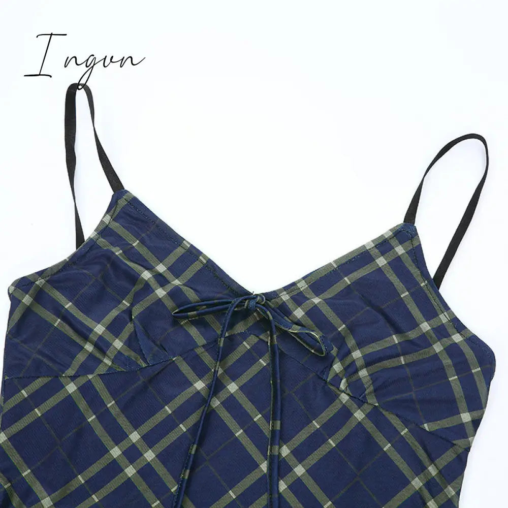 Ingvn - E-Girl 90s Spaghetti Strap Bandage Front Ruffles Plaid Dresses Vintage Mesh V-neck Backless A-line Mini Dress Partywear