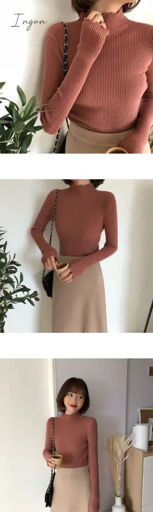 Ingvn - Turtleneck Ruched Women Sweater High Elastic Solid Fall Winter Fashion Sweater Women Slim Sexy Knitted Pullovers Pink White