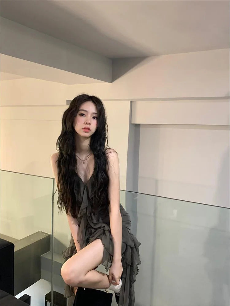 Japanese Sexy Dark Sleeveless V-neck Women Dresses Cascading Ruffles Asymmetrical Femme Robe Harajuku 2025 Summer Camisole Dress