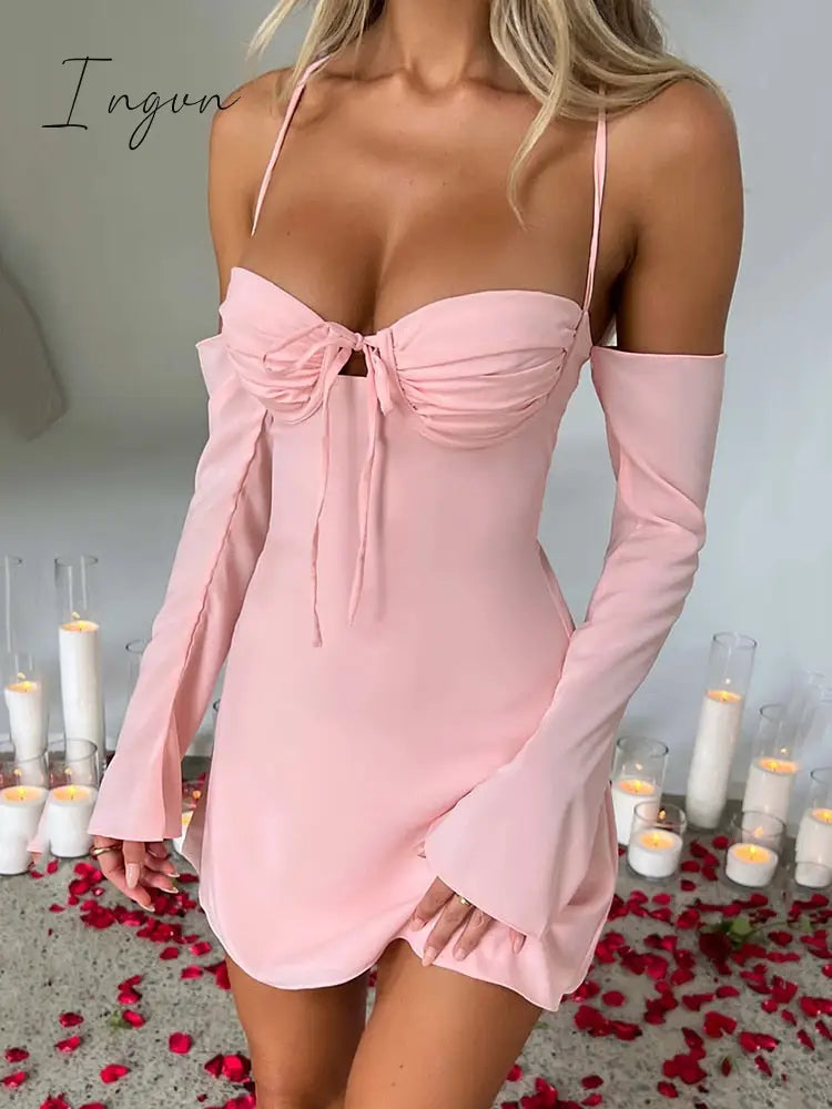 Ingvn - Elegant Pleated Bust Lace Up Back Mini Dress Women Summer New Long Sleeve Backless Bodycon Sexy Party Club Dress