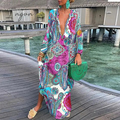Ingvn - Autumn New Women's Loose Long Sleeves Dress Casual Printed Long Sleeves Streetwear Ladies Fashion V Neck Elegant Commute Dresses