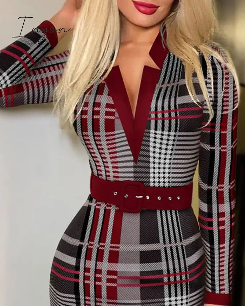 Ingvn - Spring Outfits Trends Office Lady Long Sleeve V-neck Maxi Dress Spring Autumn Vintage Print Slim High Waist Belted Vestidos De Mujer Elegant Dresses