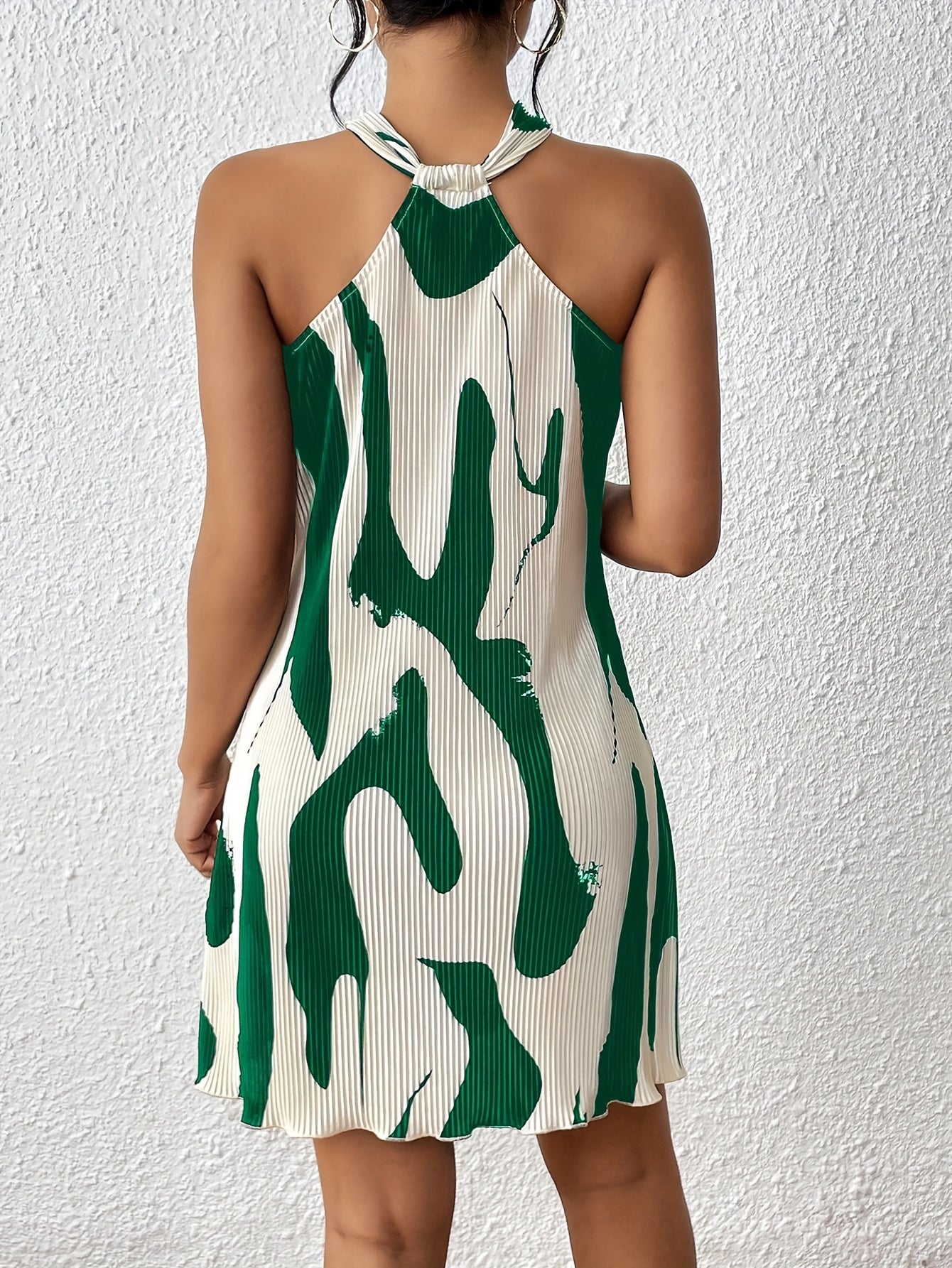 Geometric Pattern Bodycon Halter Neck Dress - Elastic Micro Stretch Fabric, Lace-Up Back, Elegant Sleeveless Design for Spring and Fall Party Occasions - Womens Polyester Knit Fabric Clothing