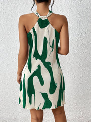 Geometric Pattern Bodycon Halter Neck Dress - Elastic Micro Stretch Fabric, Lace-Up Back, Elegant Sleeveless Design for Spring and Fall Party Occasions - Womens Polyester Knit Fabric Clothing