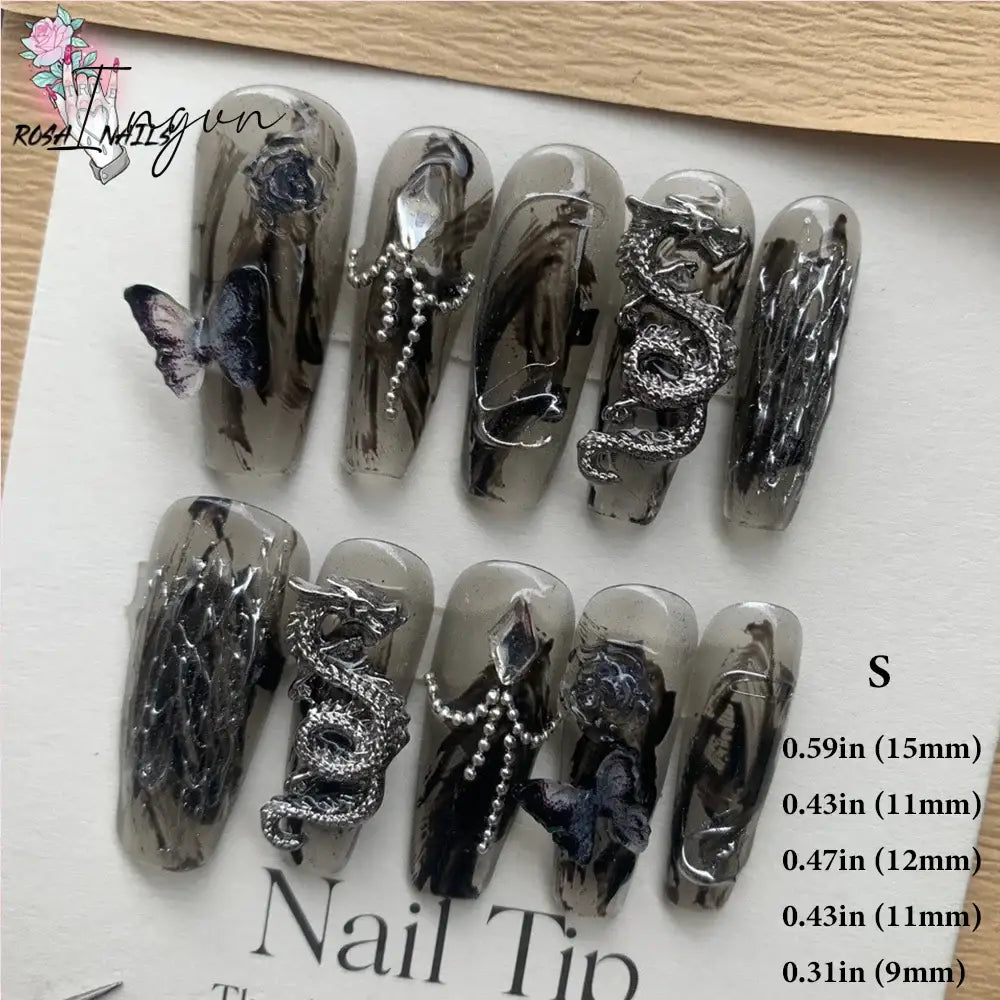 Punk Dragon Charms Press on Nail Artificial Long False Nails XS Black Dragons Goth Presson Tips Butterfly Fake Nail y2k Pressons