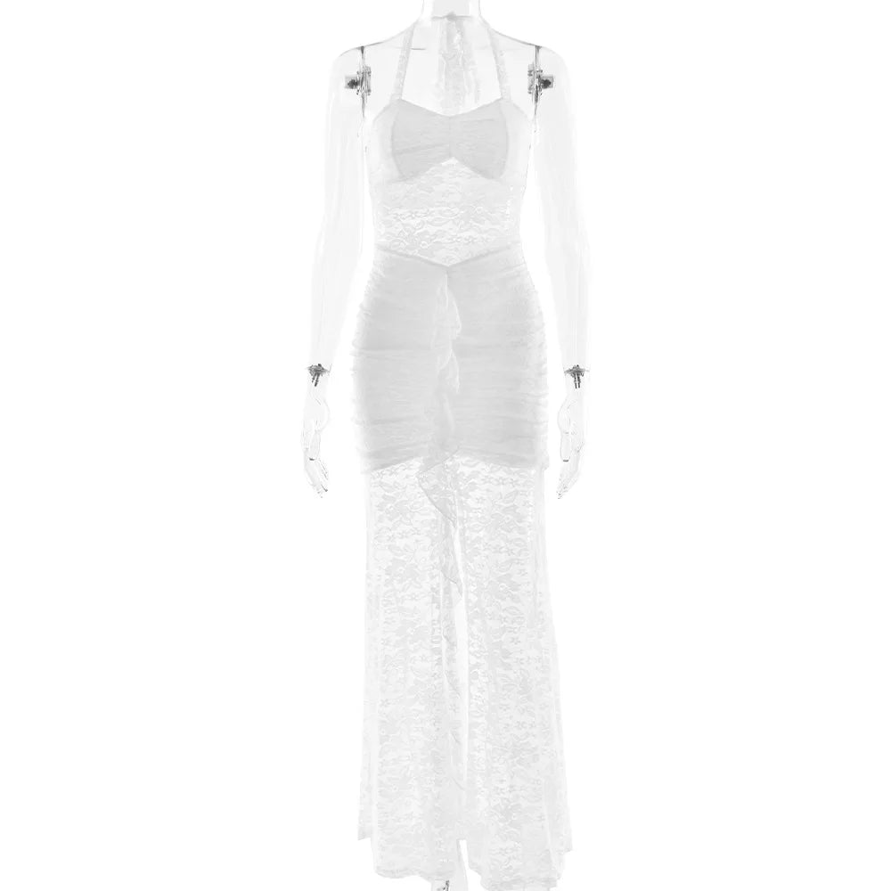 Halter Lace Draped Ruched Sexy Maxi Dress Women 2025 Summer Patchwork Backless Slit Slim Long Dress Female Vacation Beach Dress