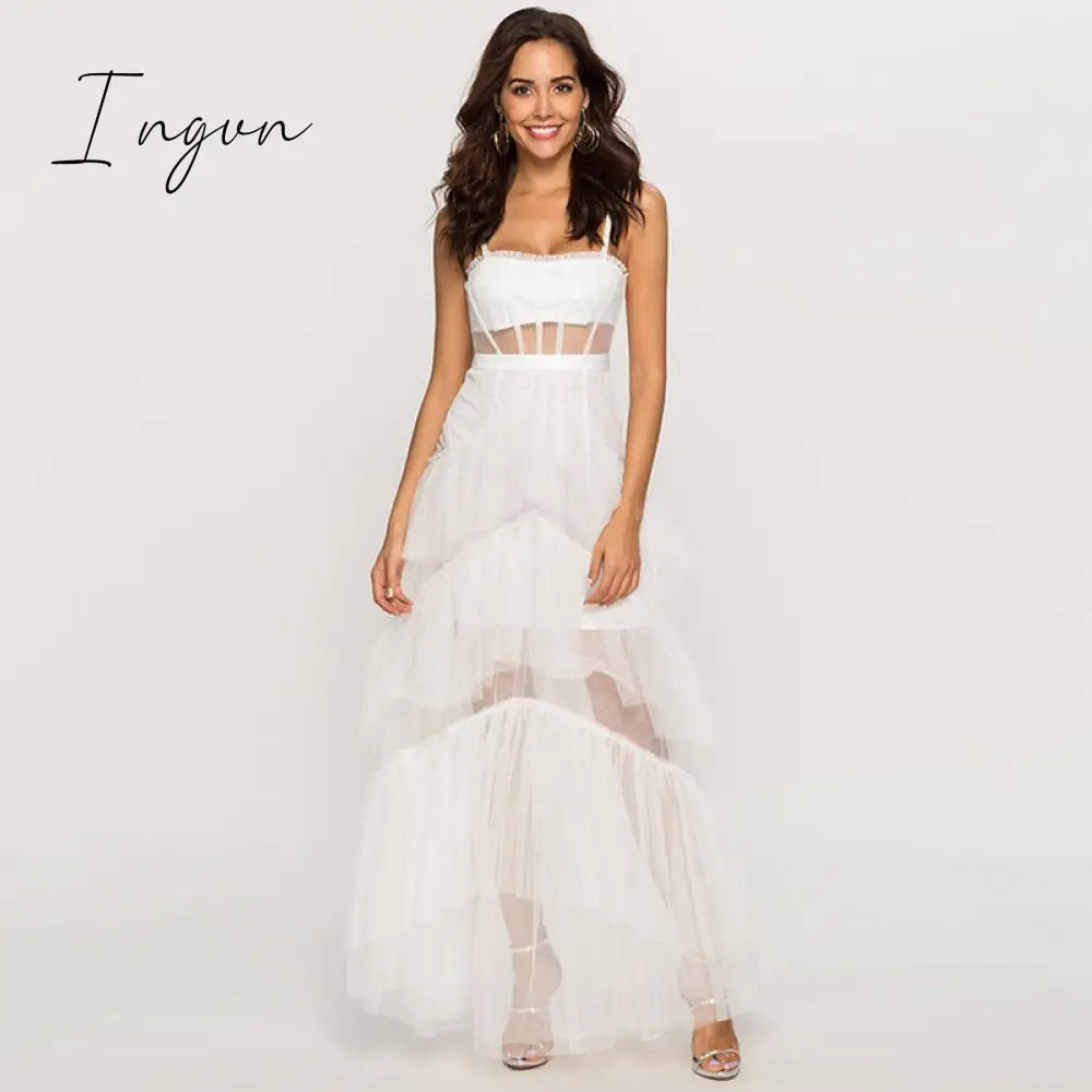 Ingvn - Womens Fashion Summer Sling Long Lace Dress Women Hollow Stitching Sexy Bubble Dress Backless Sleeveless Plus Size White Party Elegant Clothes