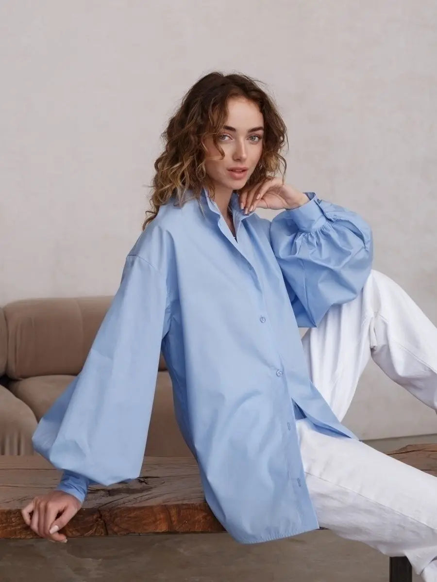 Ingvn  Loose O-neck Women Stylish Shirts Spring Summer Lantern Sleeve Single-breasted Female 100% Cotton Blouse Ladies Tops