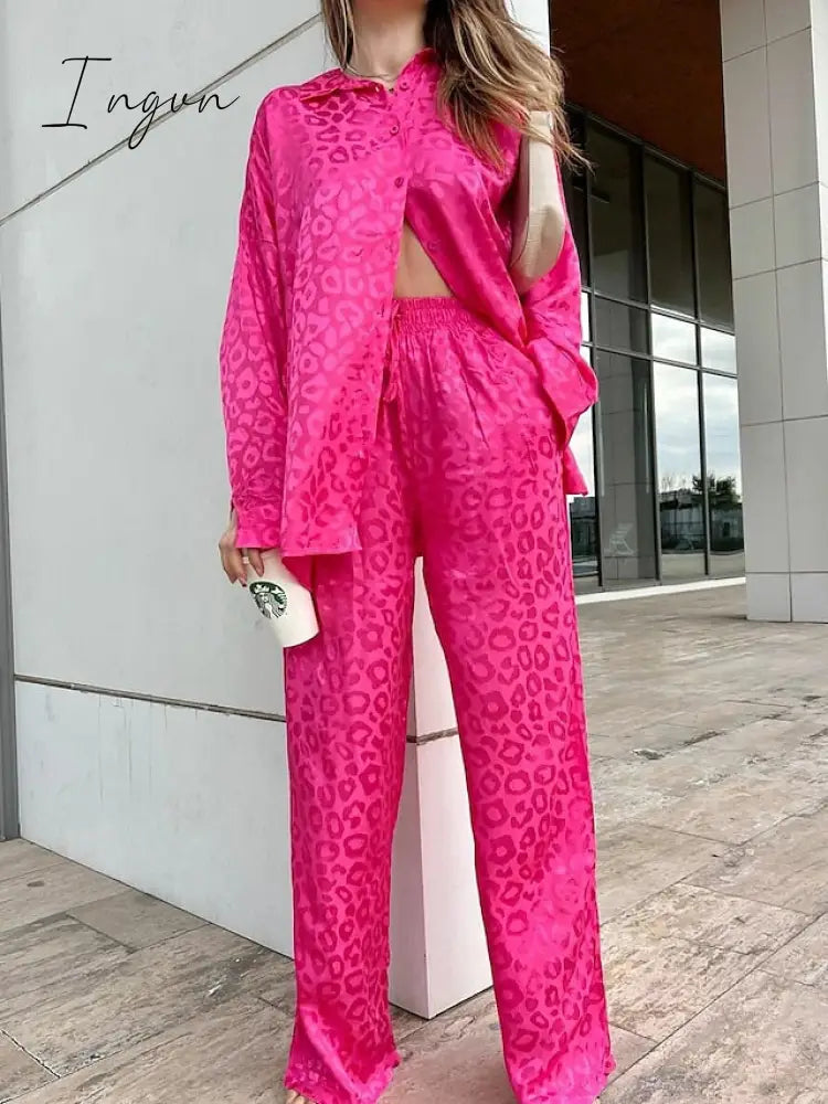 Ingvn - Women's Shirt Pants Sets Black White Red Leopard Print Long Sleeve Casual Daily Fashion Shirt Collar Regular Fit Spring &  Fall