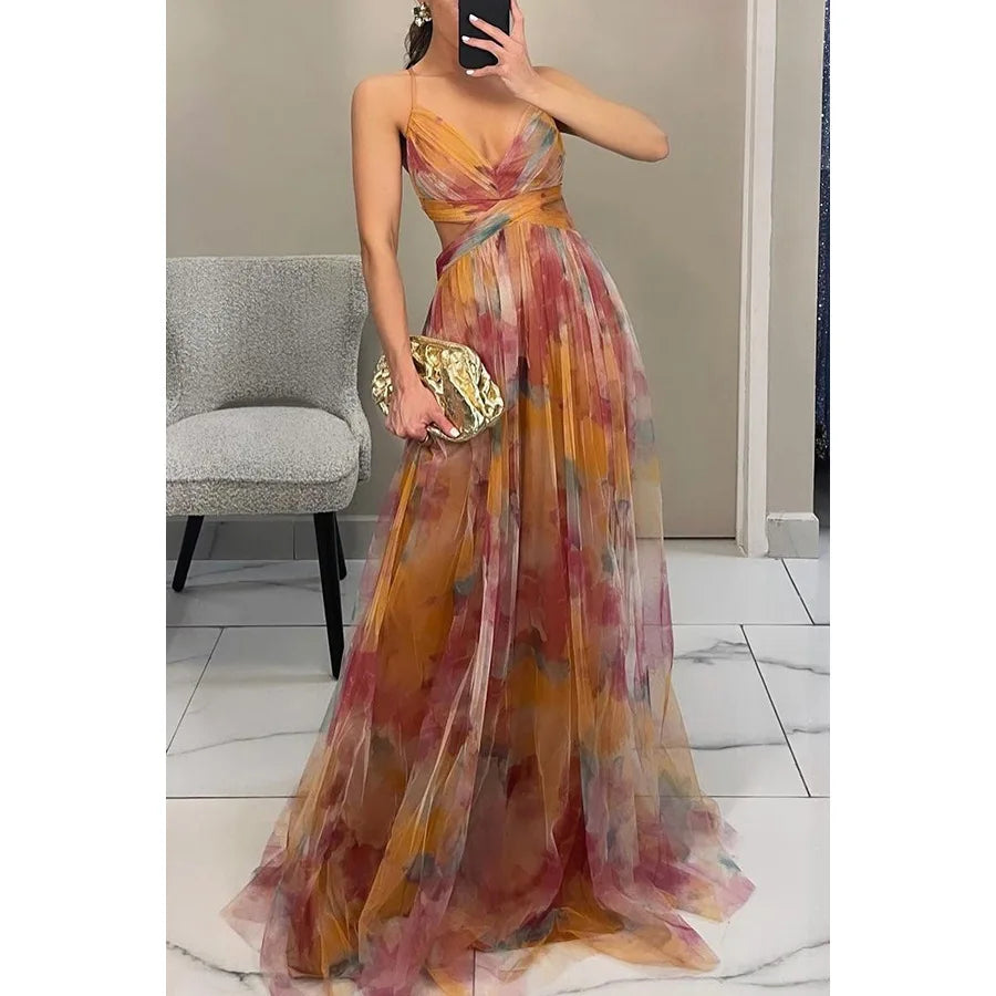 V-Neck Sexy Hollow Out Party Dress, Women Summer Loungewear Fashion Printing Maxi Dress, Sleeveless Lace-Up Ladies Dress Vestido