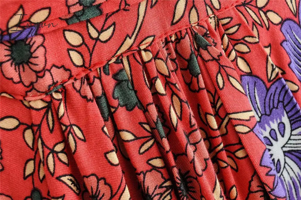 Ingvn - Vintage chic vestidos women Floral print bat sleeve beach long Bohemian maxi dress Ladies sexy V neck  Summer Boho happie  dress