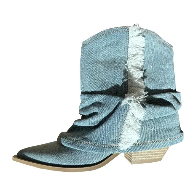 Ingvn  Pointed Toe Denim Women Western Cowboy Boots Fashion Slip On Short Booties Retro Style Autumn Winter Female Shoes