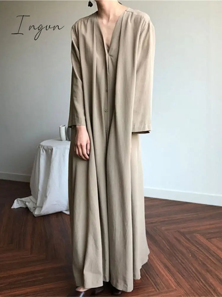 Ingvn - New Lace Up Buttons Women Spring Summer Dresses Fashionable V-Neck Vintage Oversized Lady Pure Long Dress DR1150