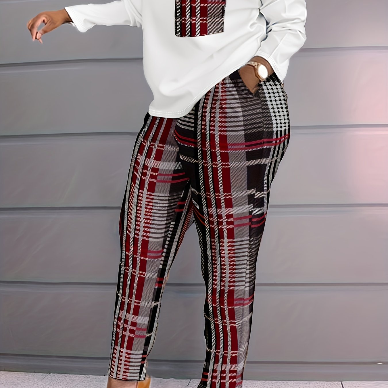 Plus Size Casual Outfits Set, Women's Plus Plaid Print Long Sleeve Round Neck Top & Pocketed Pants Outfits Two Piece Set