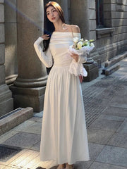 Elegant Evening Party White Dress Women Korean Off Shoulder Long Sleeve Birthday A-Line Robe Autumn Streetwear Corset Clothes