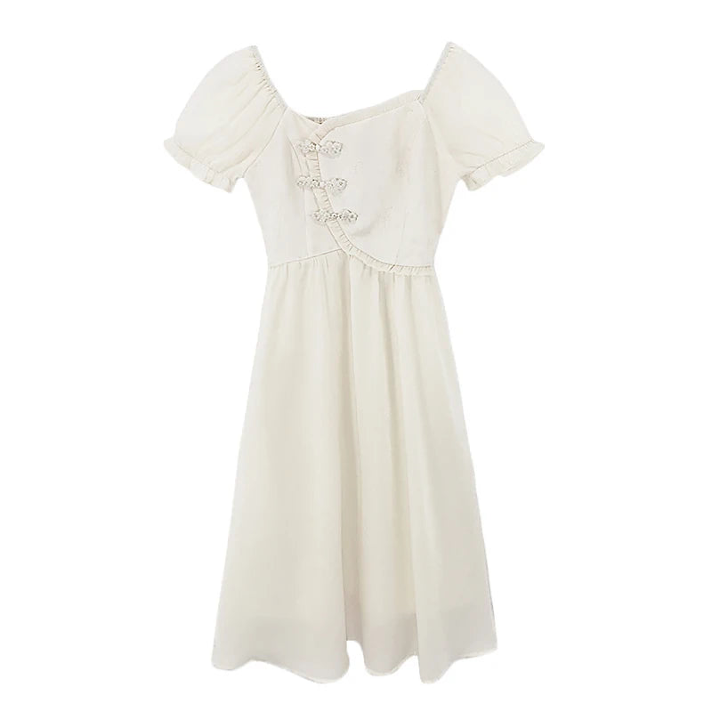 Vintage Chiffon Midi Dresses for Women  Summer New Elegant Chic Simple Fashions Slim Casual Sweet Female Clothing