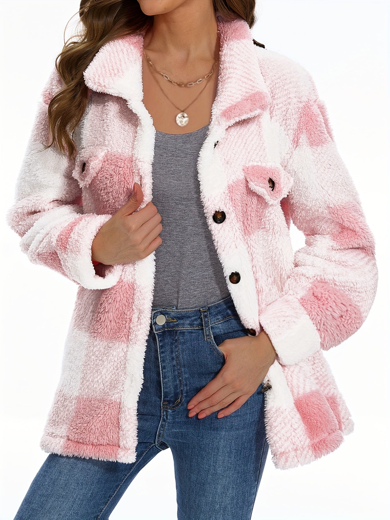 Stylish Plaid Teddy Coat - Women's Casual Jackets with Long Sleeves, Thermal Insulation, and Versatile Button Front Design for Winter Outwear - Soft, Warm, and Cozy