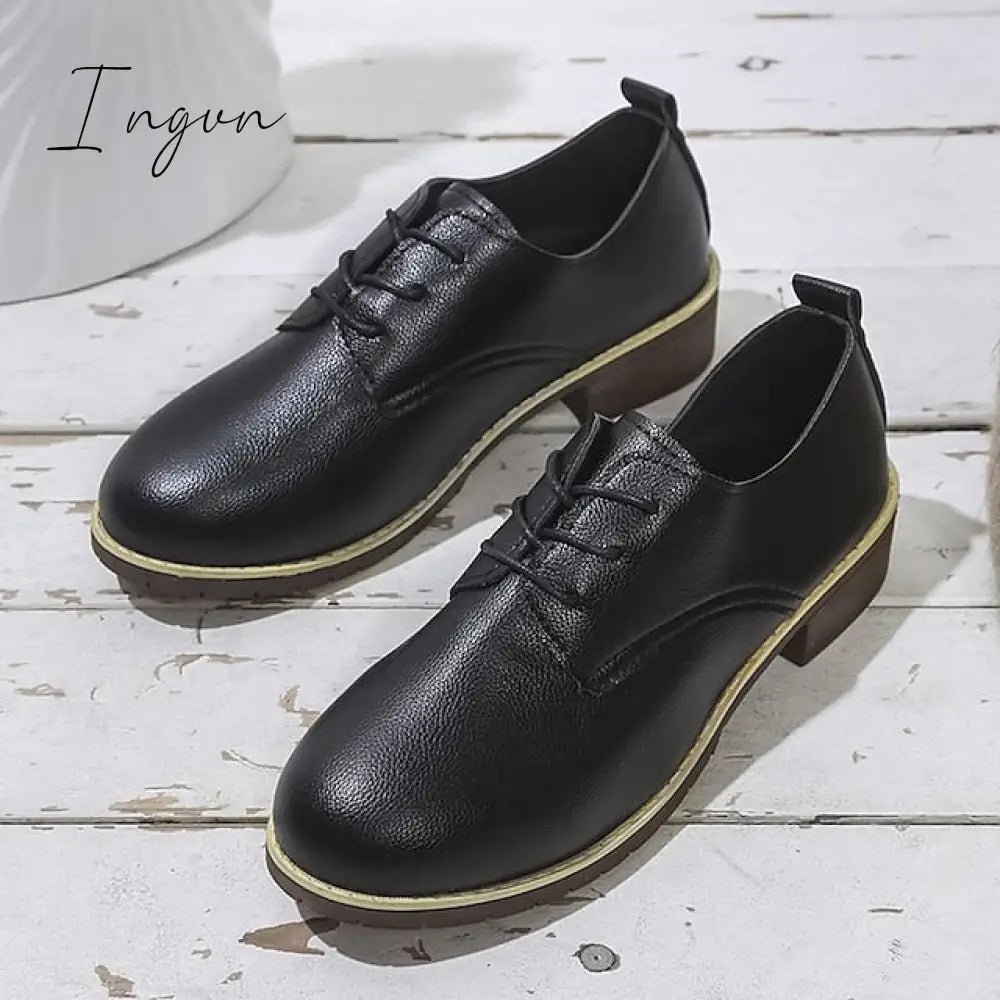 Ingvn - Women's Oxfords Daily Block Heel Round Toe Casual Minimalism PU Leather Lace-up Solid Colored Black Red