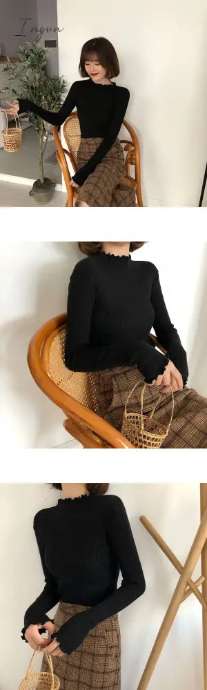 Ingvn - Turtleneck Ruched Women Sweater High Elastic Solid Fall Winter Fashion Sweater Women Slim Sexy Knitted Pullovers Pink White