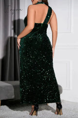 Ingvn - Sexy Formal Patchwork Sequins Backless Slit Halter Evening Dress Plus Size Dresses