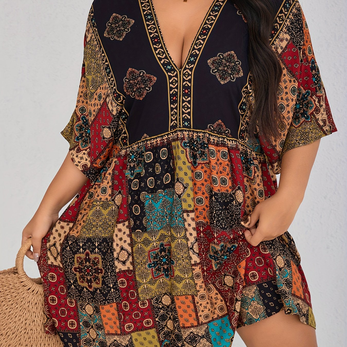 Plus Size Floral Print Dress, Casual Short Sleeve V Neck Dress For Spring & Summer, Women's Plus Size Clothing