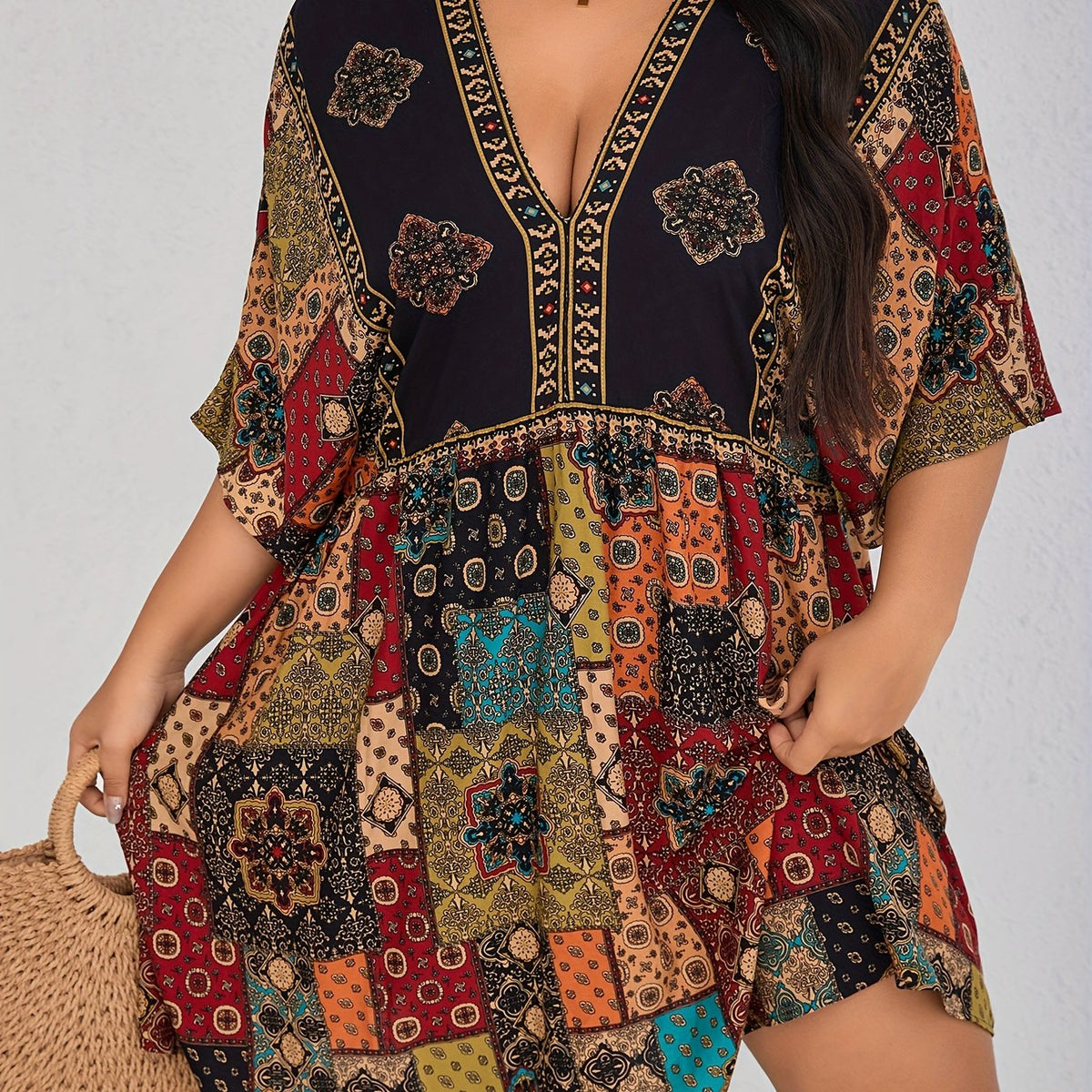 Plus Size Floral Print Dress, Casual Short Sleeve V Neck Dress For Spring & Summer, Women's Plus Size Clothing