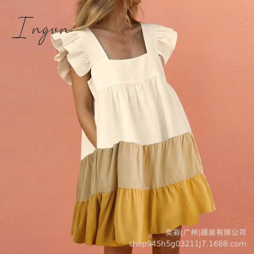 Ingvn - Women Autumn Spring Vintage Mini Cupcake Dress V Neck Long Lantern Sleeve Back With Ruffles Korean Style Elegant Red Dress