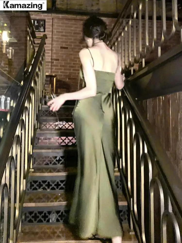 Summer Women Sexy Spaghetti Strap Evening Party Prom Club New Elegant Backless Split Satin Long Dresses Female Vestidos