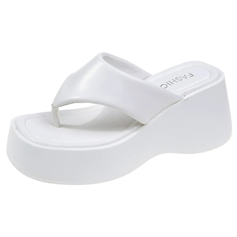 Silver PU Leather Chunky Paltform Flip Flops Women Fashion High Wedges Thong Sandals Women Summer Non-Slip Thick Sole Slippers