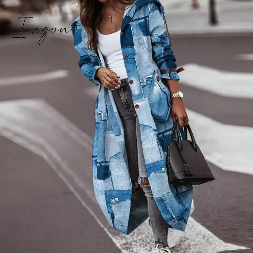 Ingvn - Women's Khaki Striped Plaid Contrast Long Trench Coat