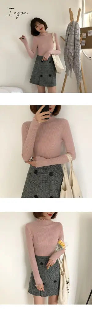 Ingvn - Turtleneck Ruched Women Sweater High Elastic Solid Fall Winter Fashion Sweater Women Slim Sexy Knitted Pullovers Pink White