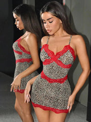 Red Lace Patchwork Dress Women Leopard Print Sexy Backless Sleeveless Summer Trend Midnight Stretch Clubwear Bodycon