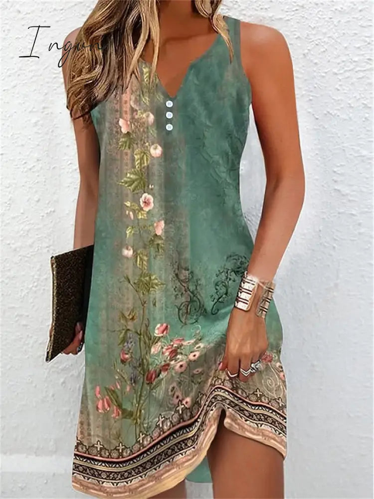Ingvn - Women's Casual Dress Shift Dress Tank Dress Floral Button Print V Neck Mini Dress Active Fashion Outdoor Street Sleeveless Loose Fit Dark Gray Summer Spring XXL