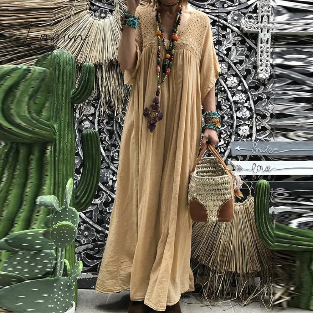 Ingvn - Women Lace Crochet Maxi Long Dress Summer 3/4 Sleeve Party Vestido Robe Femme Bohemian Sundress Casual Loose Autumn Dress