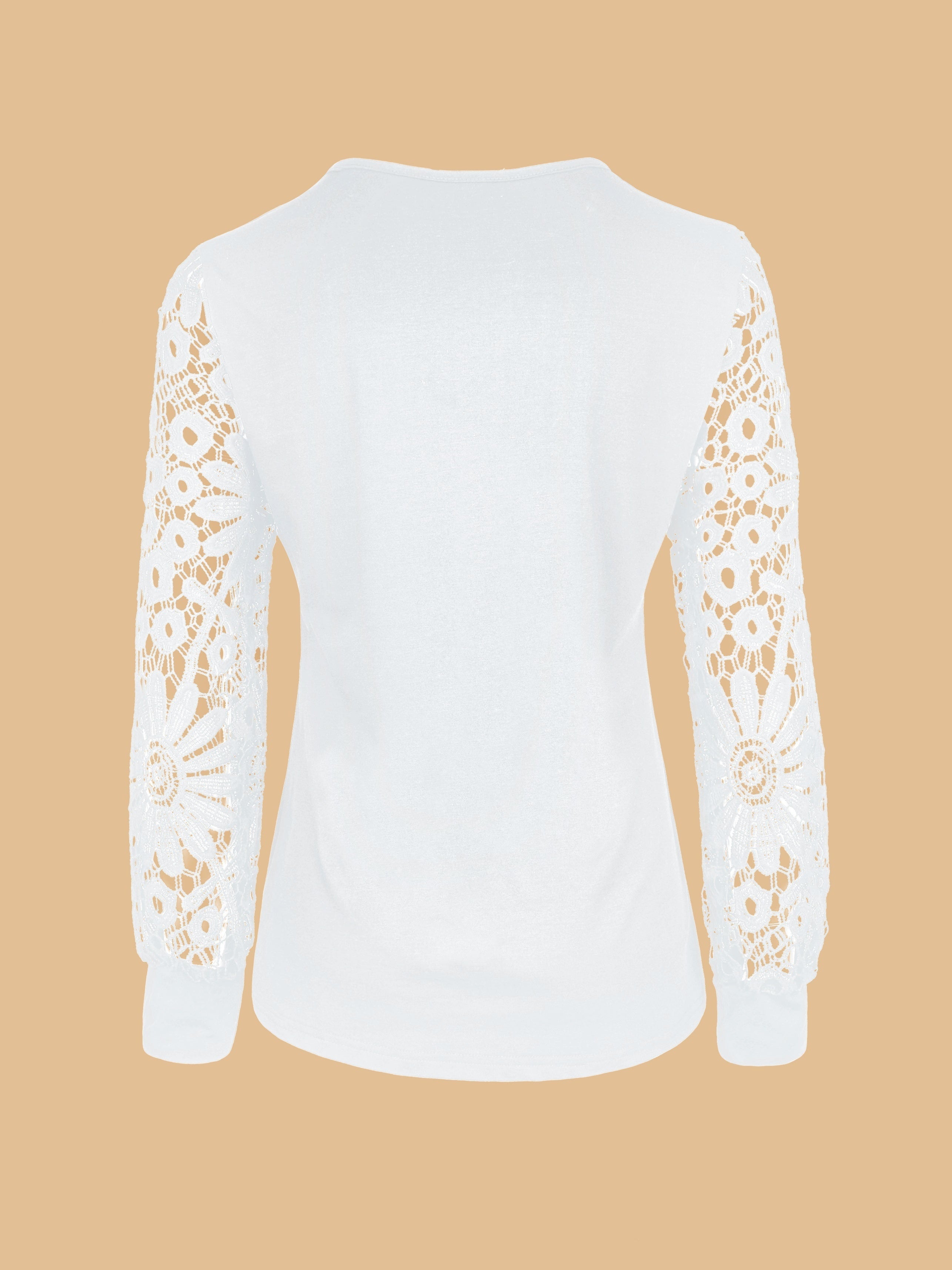 Vibrant Lace Accent Pleated Front Long Sleeve T-Shirt - Chic Button V Neck, Casual Everyday Wear, Soft Fabric, Flattering Fit, Women's Stylish Clothing for Daily Life