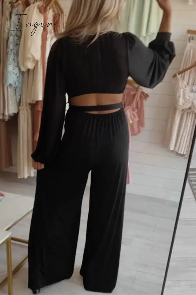 Ingvn - Sexy Solid Bandage V Neck Loose Jumpsuits