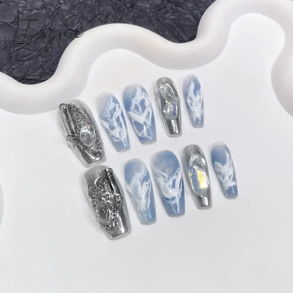 10Pcs Black Handmade Press On Nails Coffin Fake Nails Full Cover Gradient Metal Contrast Artificial Manicure Wearable Nail Tips