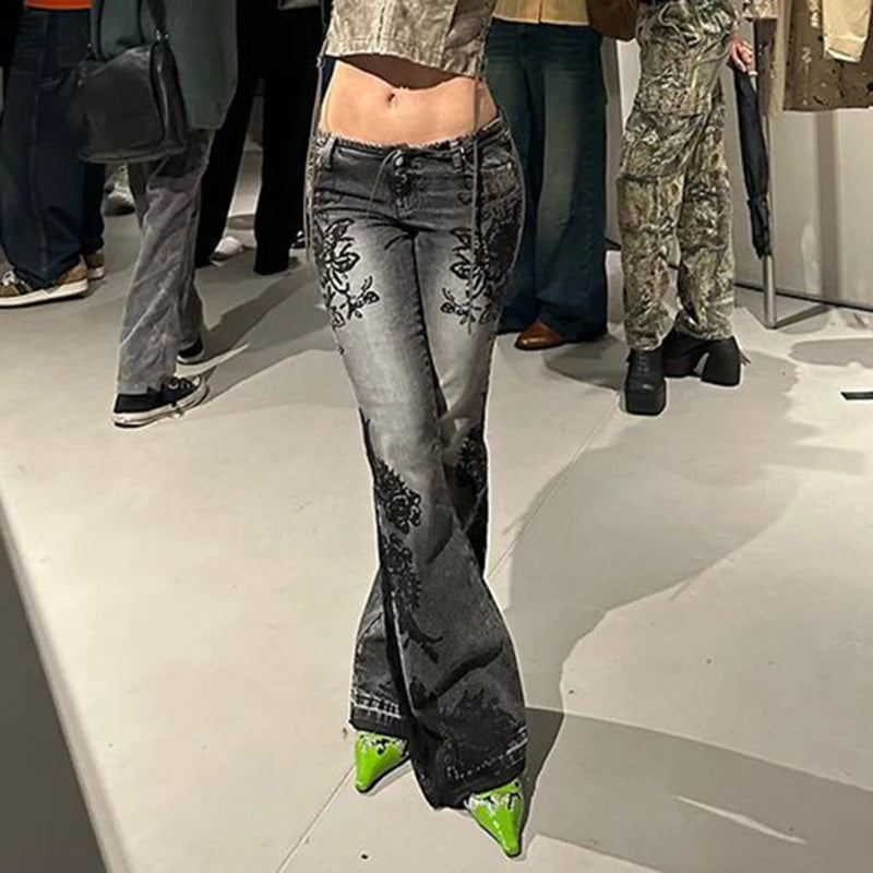 Streetwear y2k Flare Jeans Distressed 2000s Floral Print Low Rise Slim Denim Pants Korean Women Trousers Retro Mom Jeans