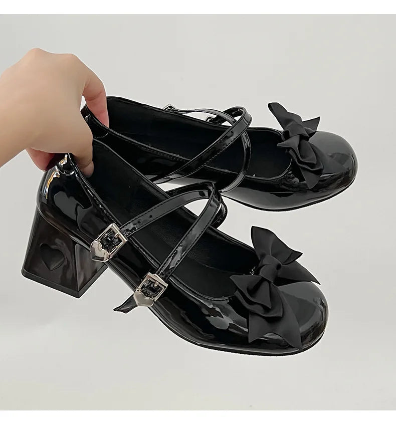 Pink Mary Jane Lolita Shoes Women Autumn Patent Leather Low Heels Pumps Woman Silk Bowtie Ankle Straps Loafers Party Shoes
