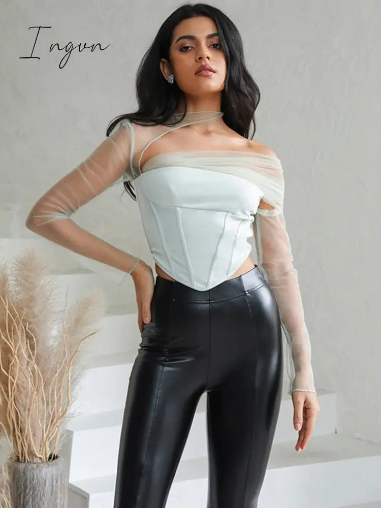 Ingvn - Sheer Mesh Sleeve Sexy Crop Top Women Fashion With Zipper Strapless Backless Corset Tops Female Club Party Short Tops