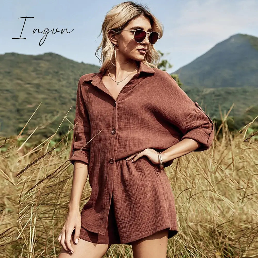 Ingvn - 2023 New Summer Casual Button Rose Red Women's Sets Cotton Two Pieces Sets Women Long Sleeve White Shirt and Shorts Set Outfits