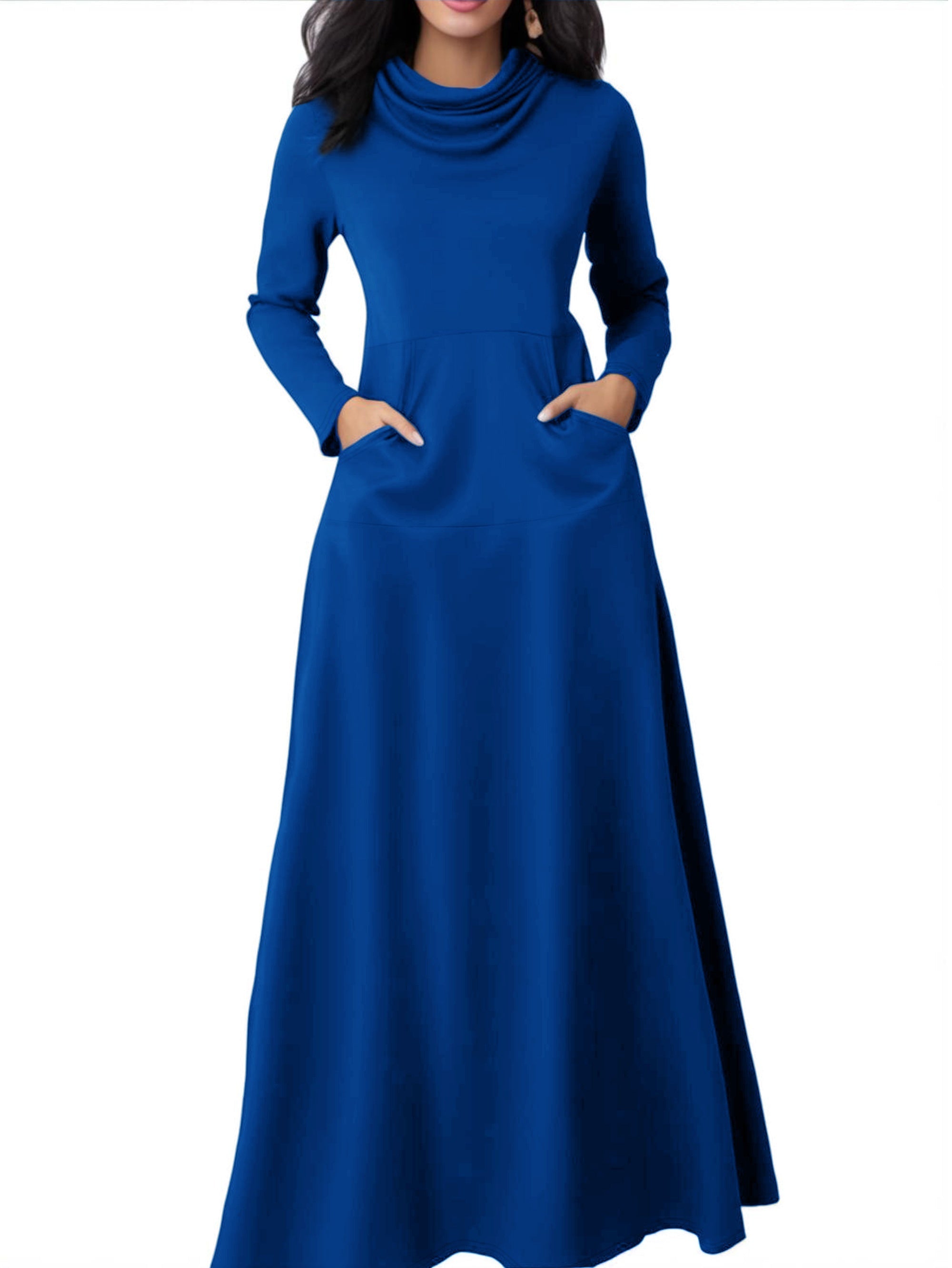Elegant Long Sleeve Maxi Fit and Flare Dress with Pockets - Soft High Elasticity Polyester Fabric, Solid Color, Cowl Neck, Comfortable for All Seasons - Womens Everyday Wear