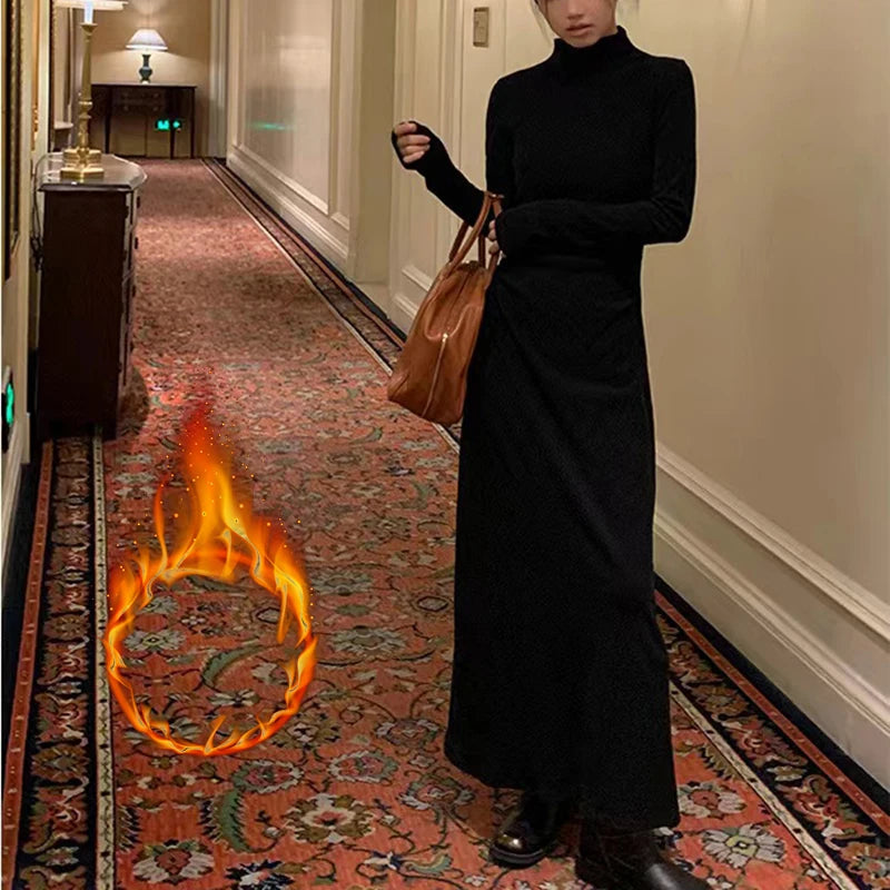Autumn Half Turtleneck Dress Women Korean Elegant Black Hepburn Style Midi Dress Y2K High Waist Long Sleeve Warm A Line Vestidos