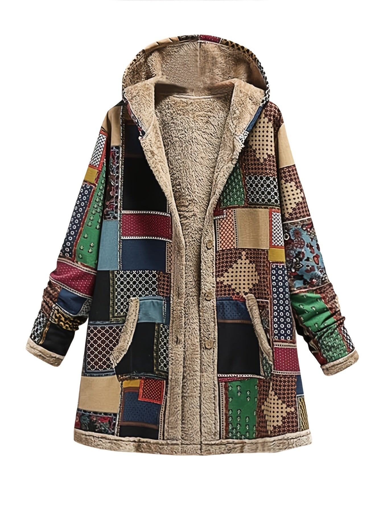 Retro Patchwork Hooded Jacket, Long Sleeve Button Up Casual Lightweight Outerwear For Fall & Winter, Women's Clothing