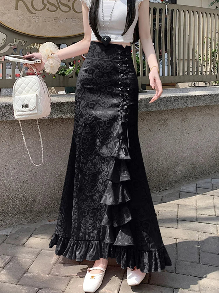 Print Vintage Long Skirt Women Casual Ruffles England Sweet Trumpet Skirts Retro Lace Up Elegant Female Design Long Skirt
