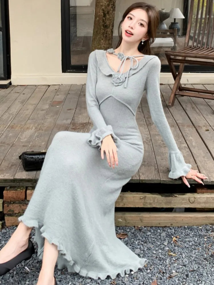 Elegant Solid Knitted Dress for Women Vintage French Flare Sleeve Bodycon Princess Evening Party Womens Dresses Slim Vestidos